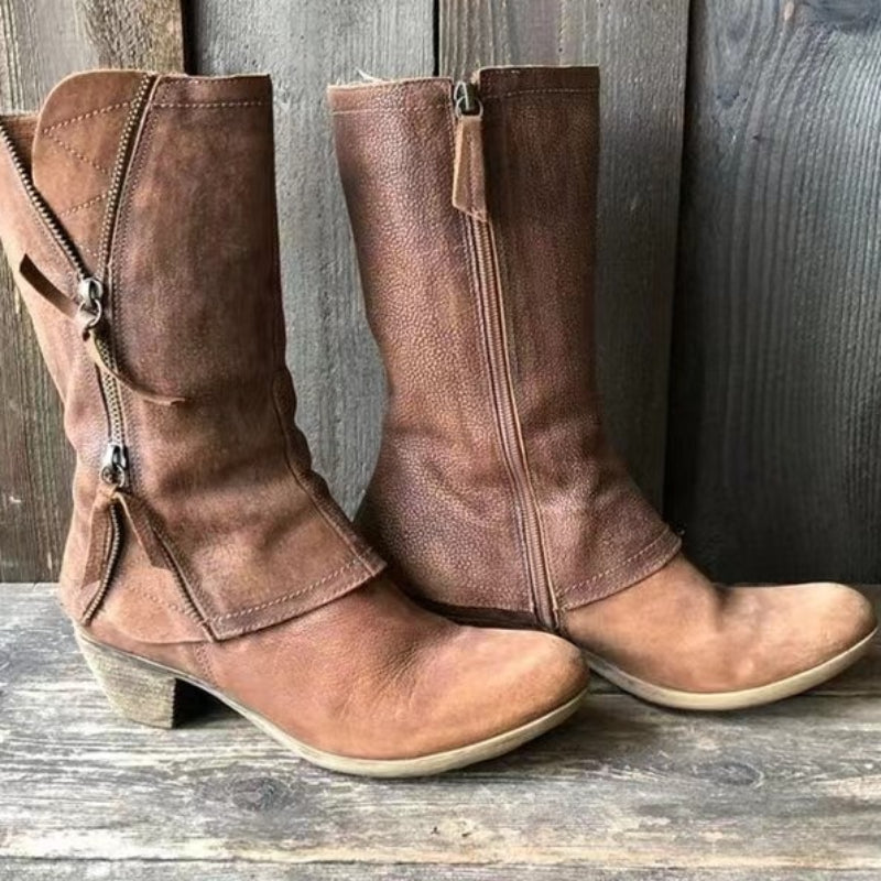 Lederstiefel für Damen mit mittelhohem Absatz und seitlichem Reißverschluss