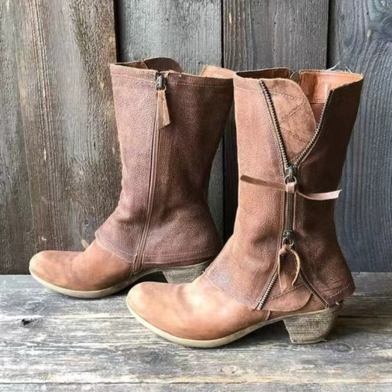 Lederstiefel für Damen mit mittelhohem Absatz und seitlichem Reißverschluss