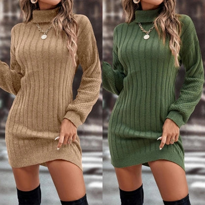 Women Turtleneck Elegant Long Sleeve Sweater Dress