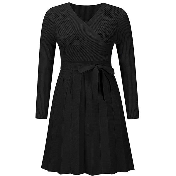 Elegant Pleated Knit Dress in Solid Color with Long Sleeves and V-Neck